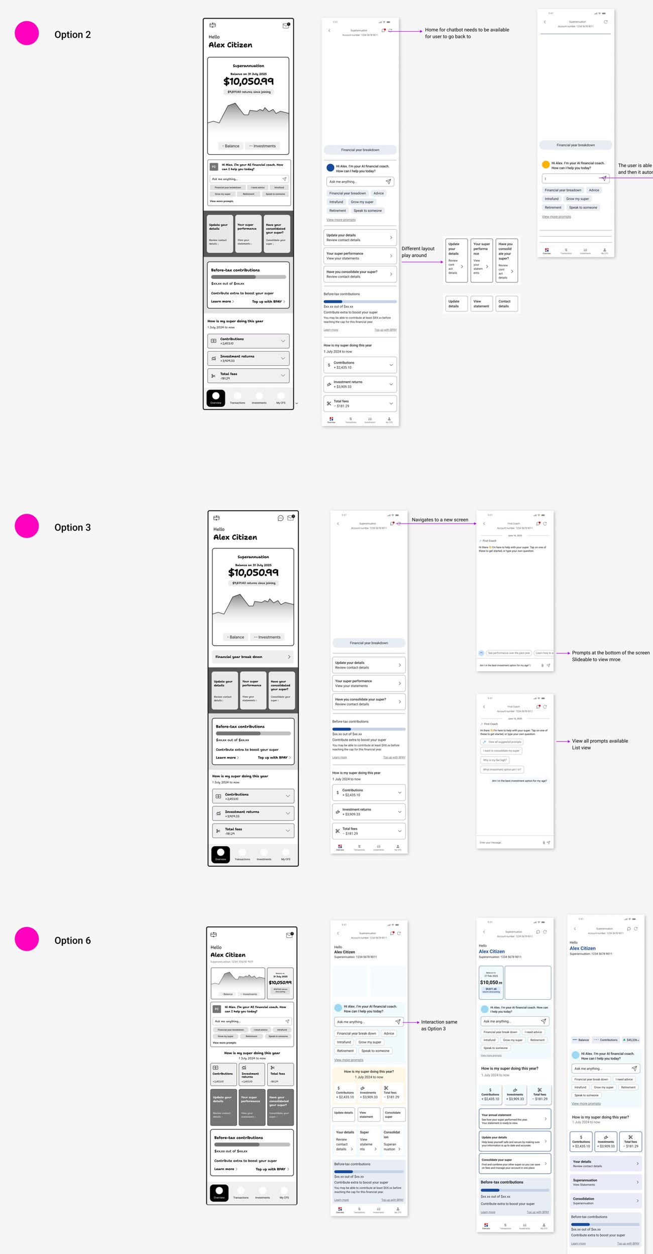 Wireframes of three placement options for the AI coach in the member dashboard