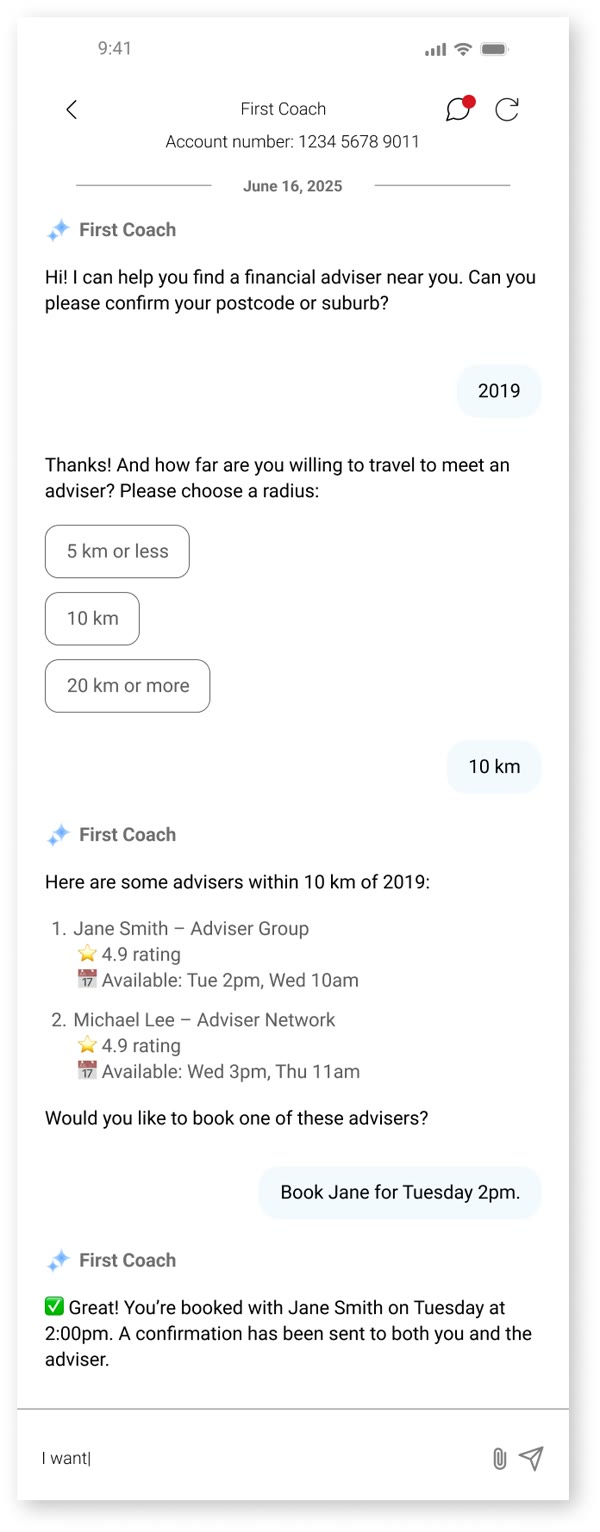Day 2: the coach asks for a postcode and distance, lists advisers and books one in the chat