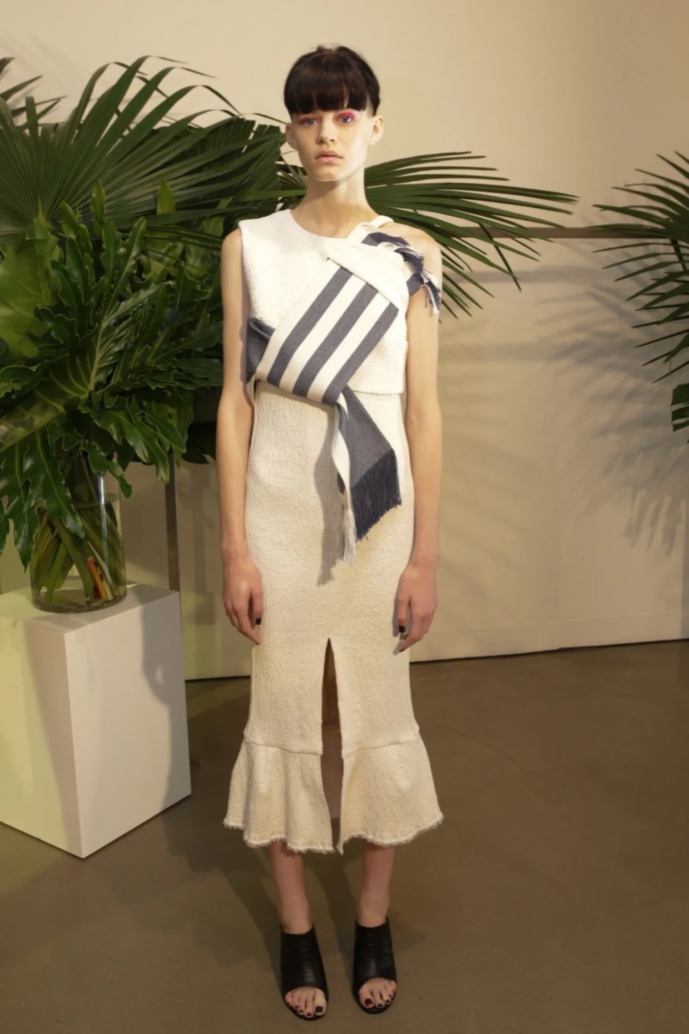 Cream dress with knotted navy striped scarf