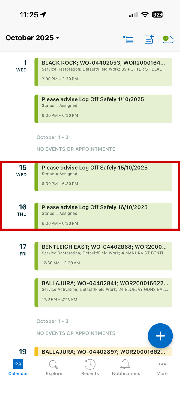 SMAX Go calendar with two Please advise Log Off Safely events among work orders