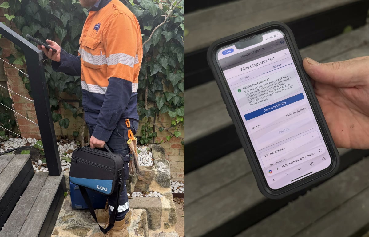 A technician running a fibre diagnostic test in Field Toolkit on site
