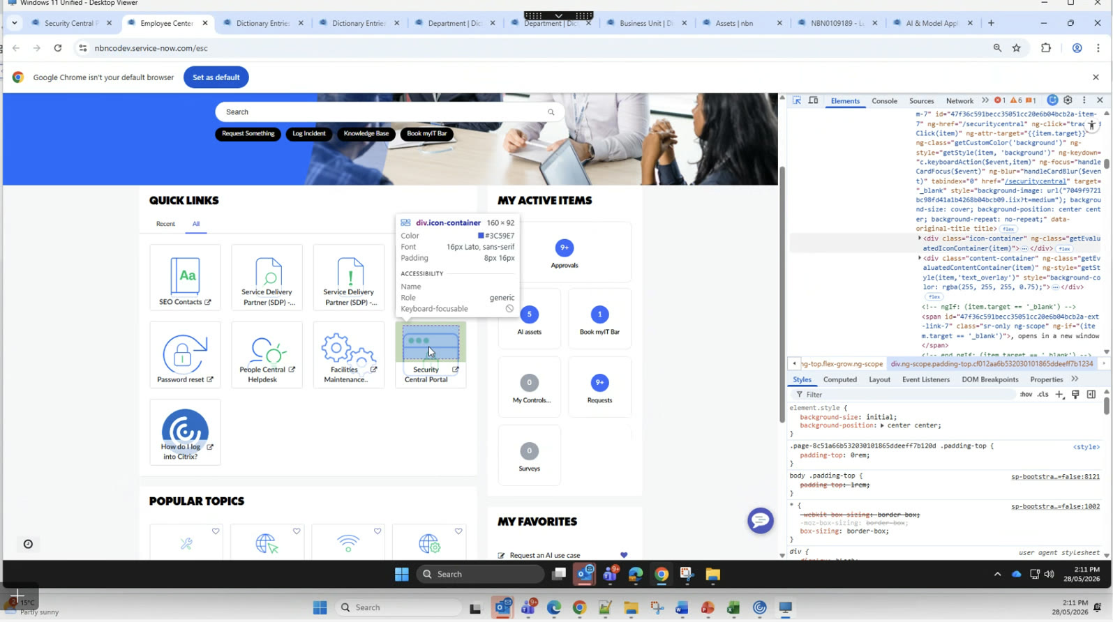 The built myIT portal in ServiceNow, with quick link icons and My Active Items
