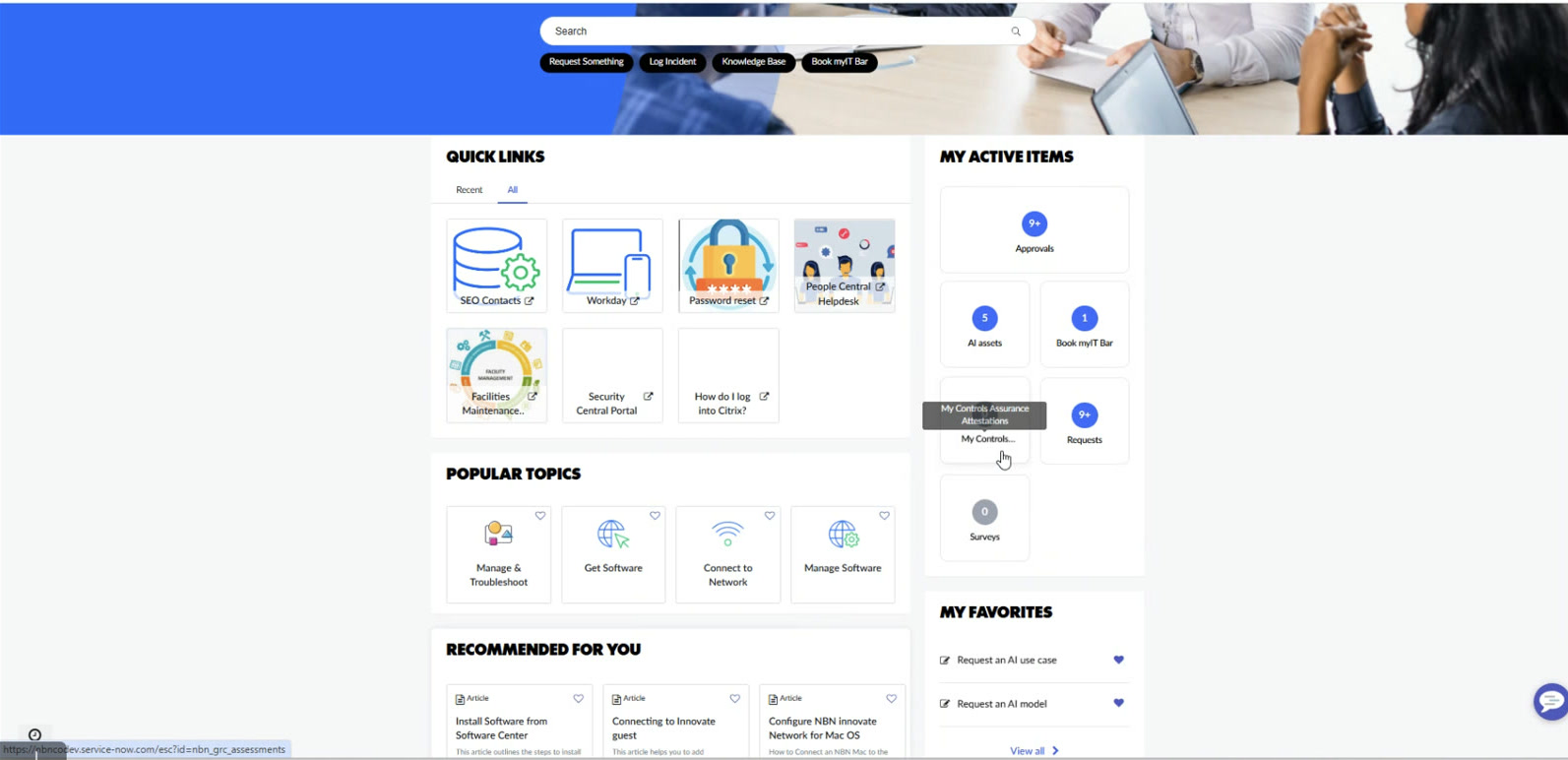 The built myIT portal with the nbn banner, icons and My Active Items