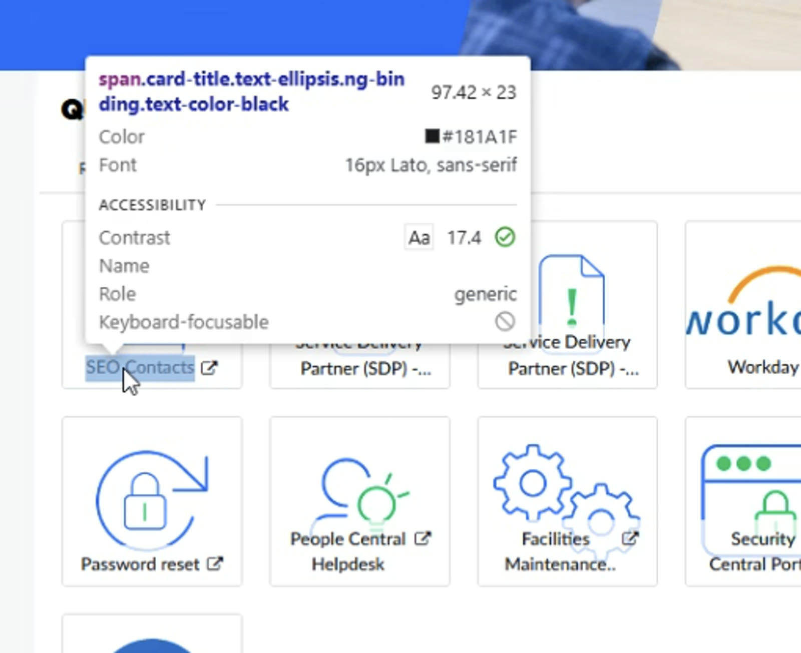 Browser accessibility inspector showing a card title with a contrast ratio of 17.4
