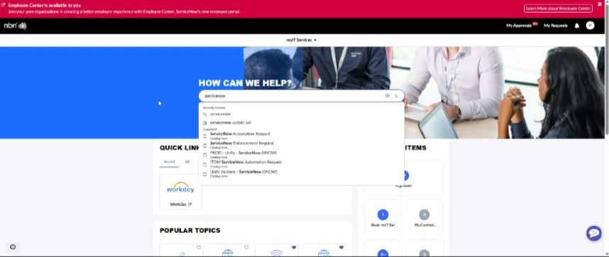 The new myIT homepage with How can we help? search showing suggested request forms
